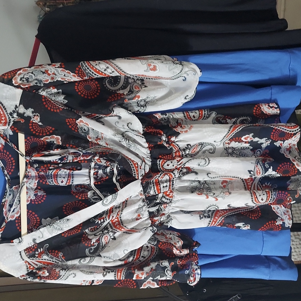 SUSHI FLOWERS  V neck sheer Tunic Boho Blouse Top Sz L